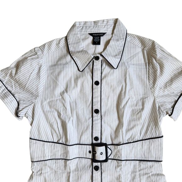 Maurices White Black Pinstripe Collared Short Sleeve Button Front Top sz S - Picture 4 of 11